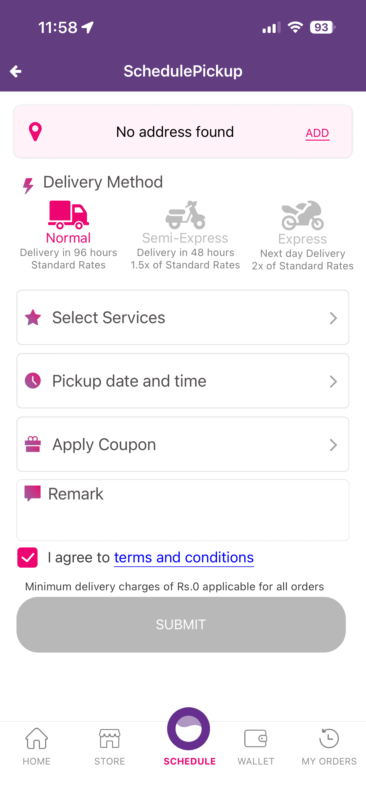 Laundry app pickup scheduling screen