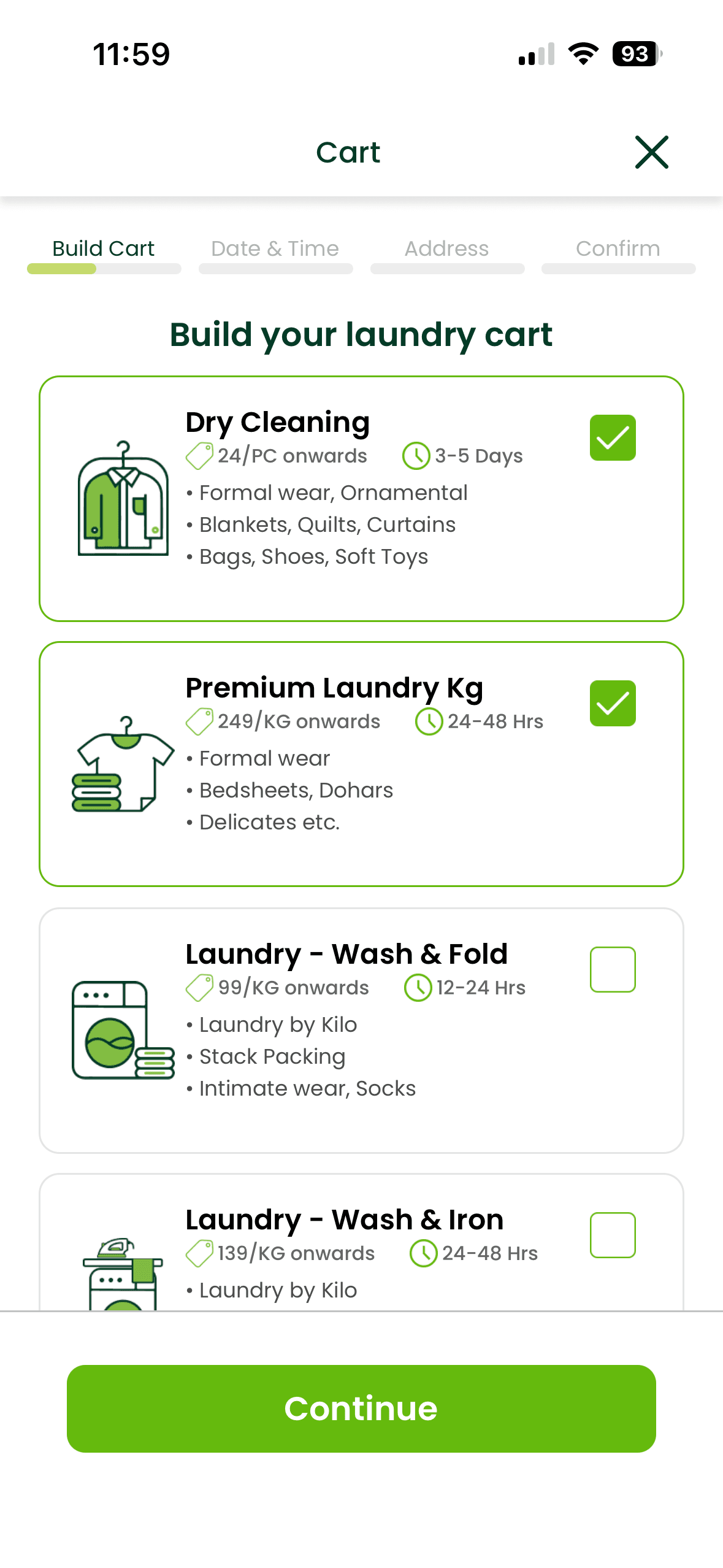 Laundry app cart screen with service pricing